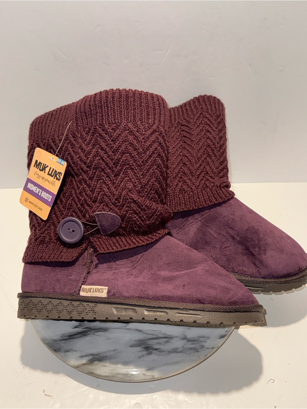 Muk Luks Women’s 10W Janie Knit Cuff Mid-Calf Boots Purple Chevron New With Tags